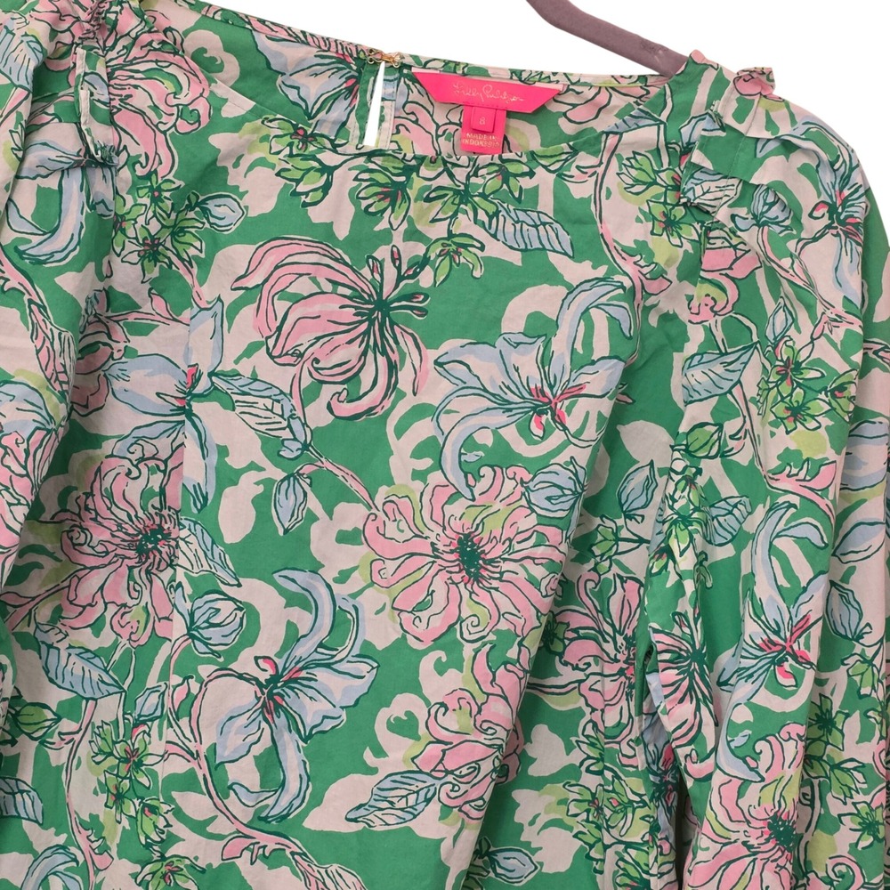 Lilly Pulitzer Womens Green Pink Floral Puff Sleeve Cotton Blouse Size 8 - Picture 2 of 8